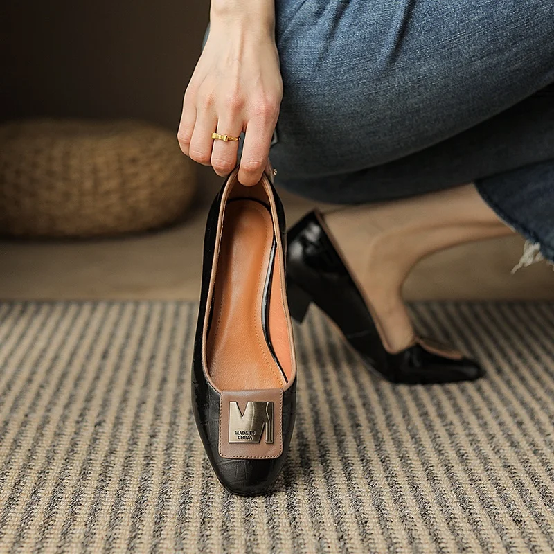 genuine leather pumps fashion metal buckle women shoes square toe shoes woman pumps thick high heels party basic lady shoes