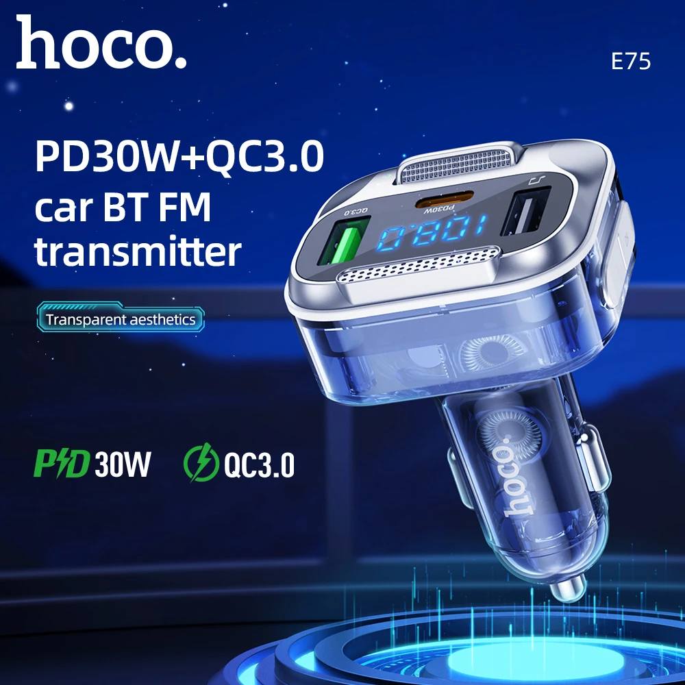 HOCO E75 прозрачный PD30W QC3.0 Автомобильный Bluetooth 5,0 FM-передатчик Громкая связь автомобильный радиомодулятор MP3-плеер с поддержкой AUX FM-выхода