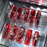 y2k punk style blood red rose false nail tips rhinestone press on nails art handmade reusable long coffin fake nail with glue