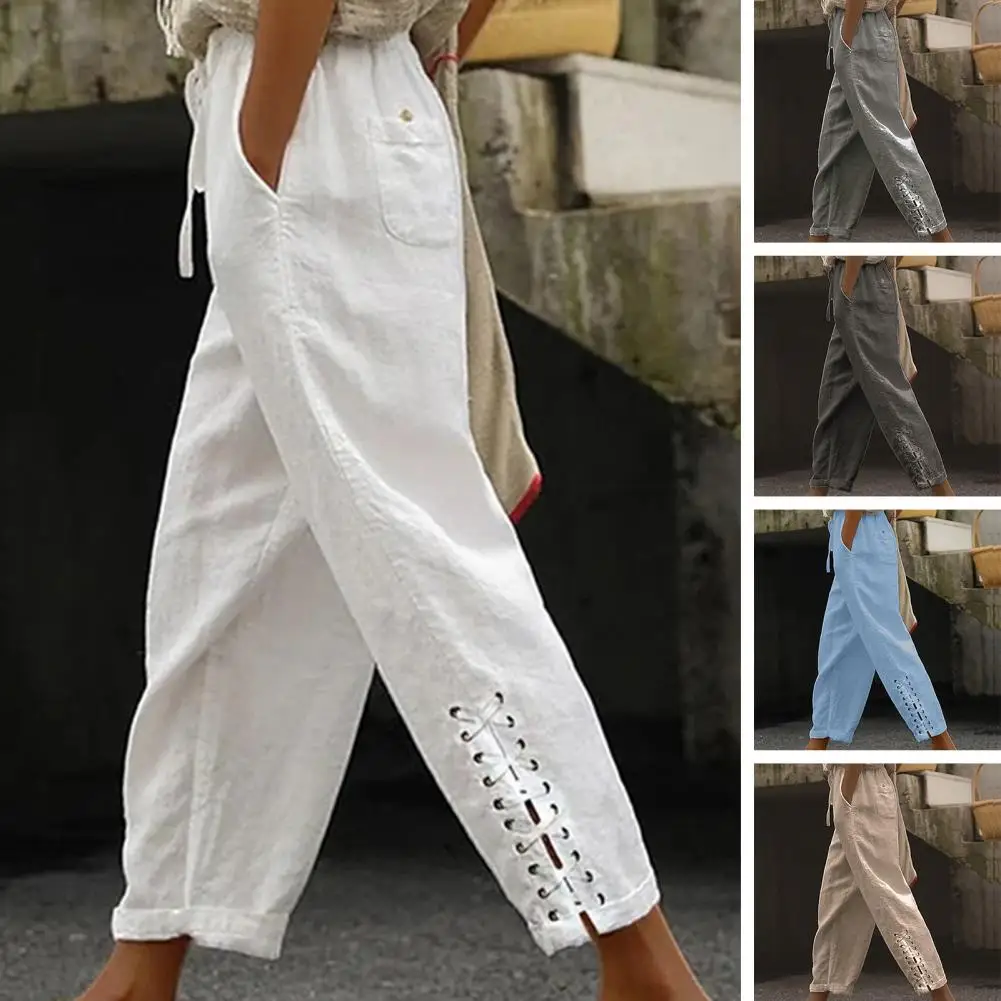 Summer Linen Pants 3XL Mid-rise Elastic Waistband Casual Pants Drawstring Pockets Bandage Cuffs Women Pants Streetwear