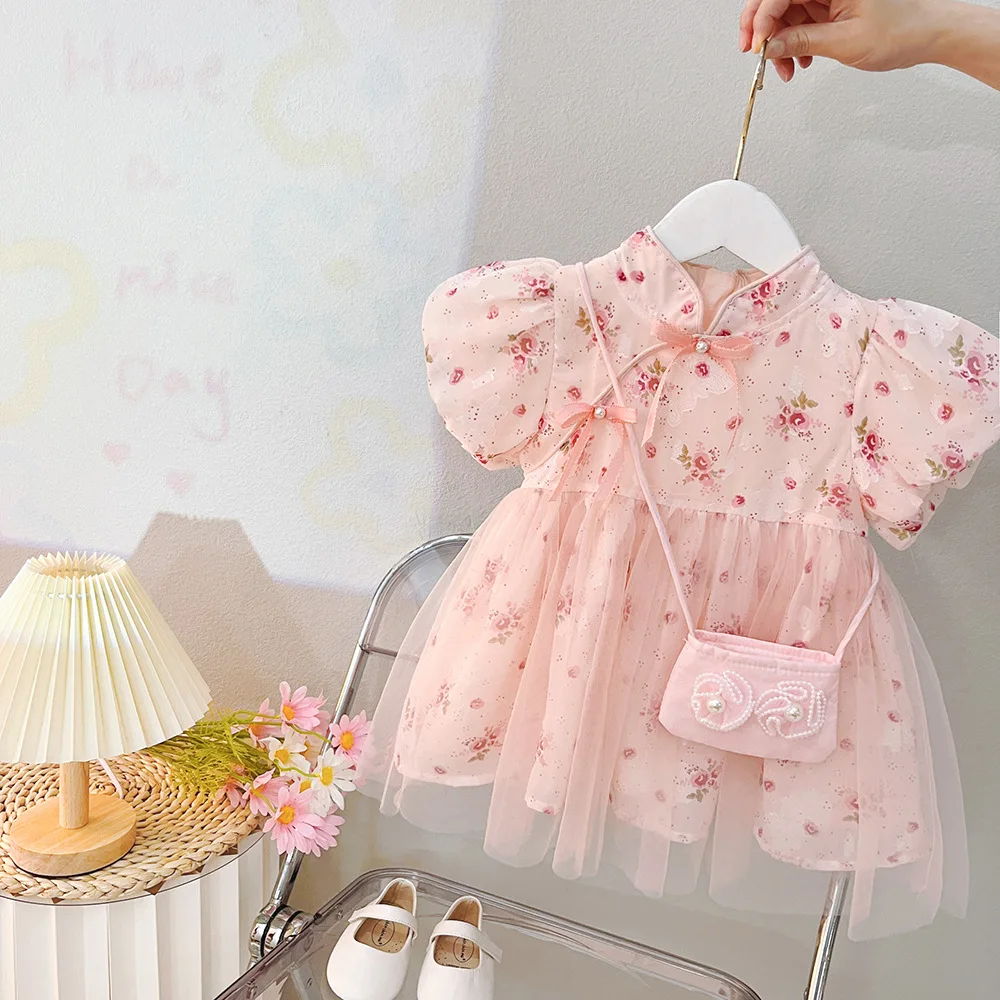 

2023 New Summer Baby Girls Cheongsam Dress Children's Clothing Kids Short Sleeve Princess Lace Chinese Style Skirt 0-3years