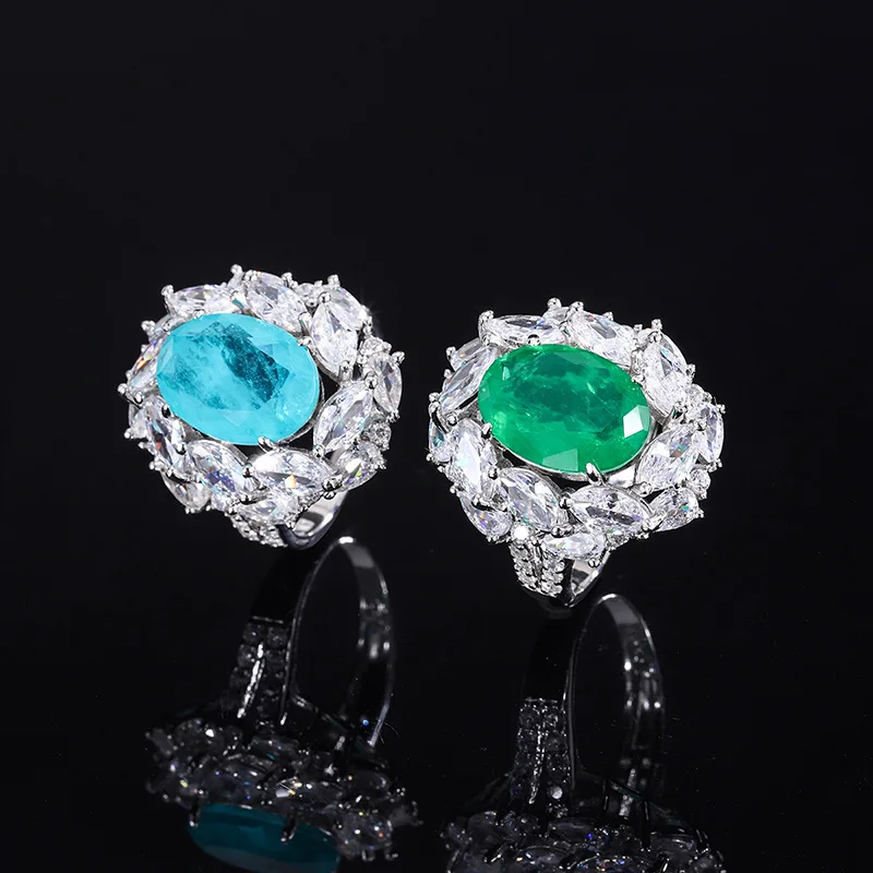 

S925 Full body silver color treasure style personality Palaiba emerald jewelry Dan shape 10 * 14 Bikou jewelry ring