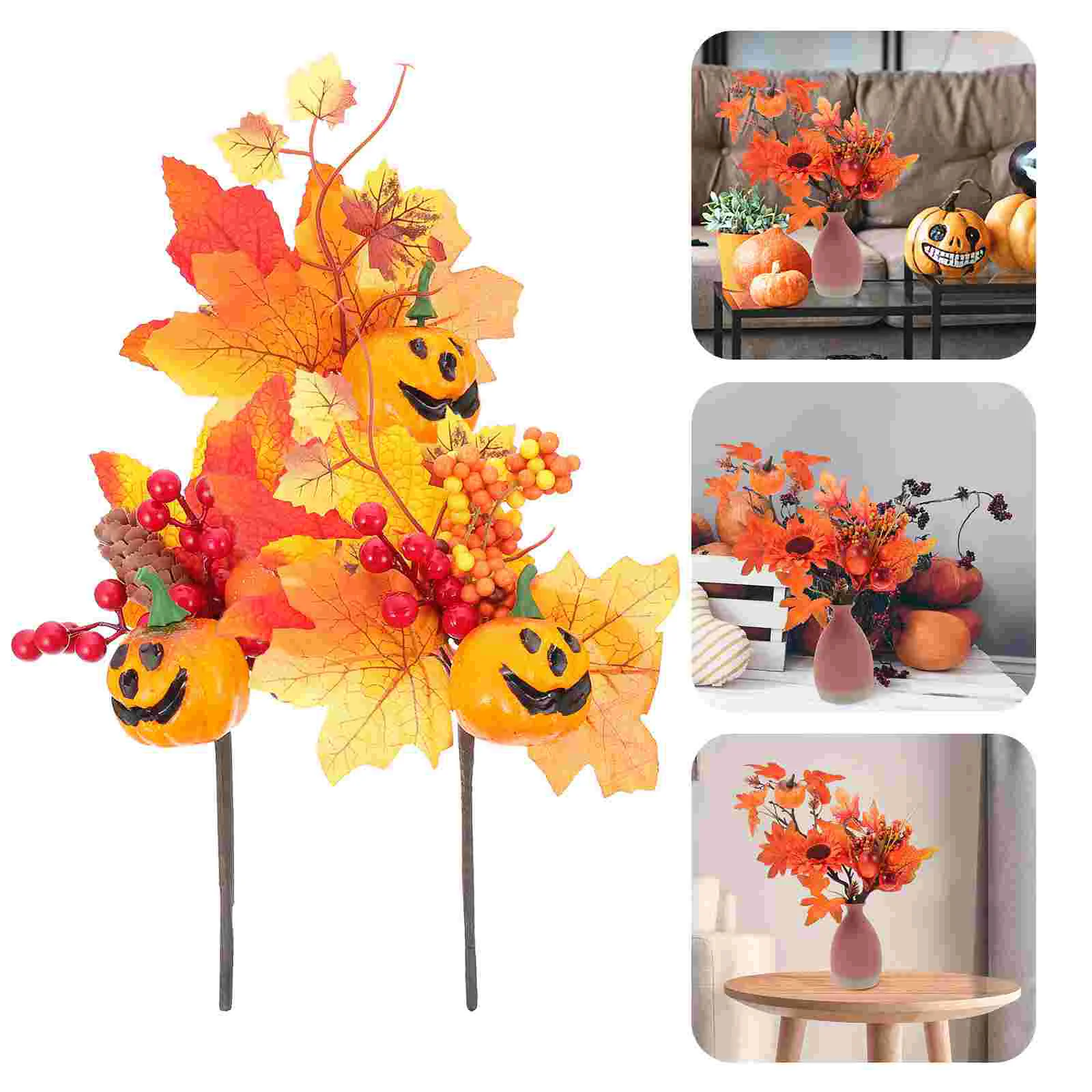 

3 Pcs Simulation Pumpkin Branches Dining Table Decor Maple Leaves Plastic Fall Picks Artificial Orange Autumn Faux Stems