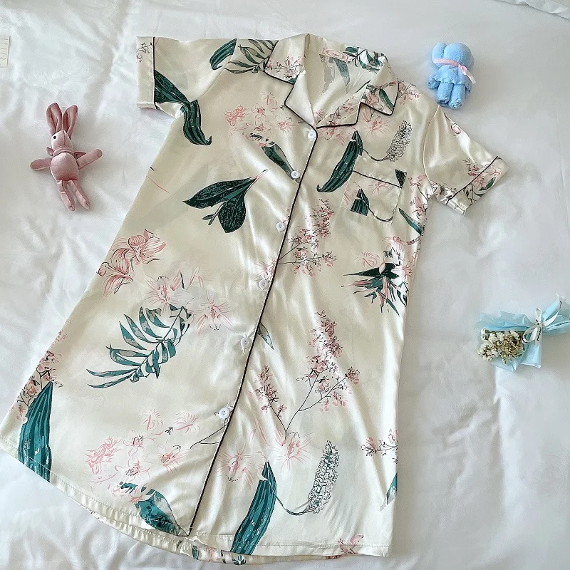 Женская шелковая ночная рубашка с коротким рукавом и принтом