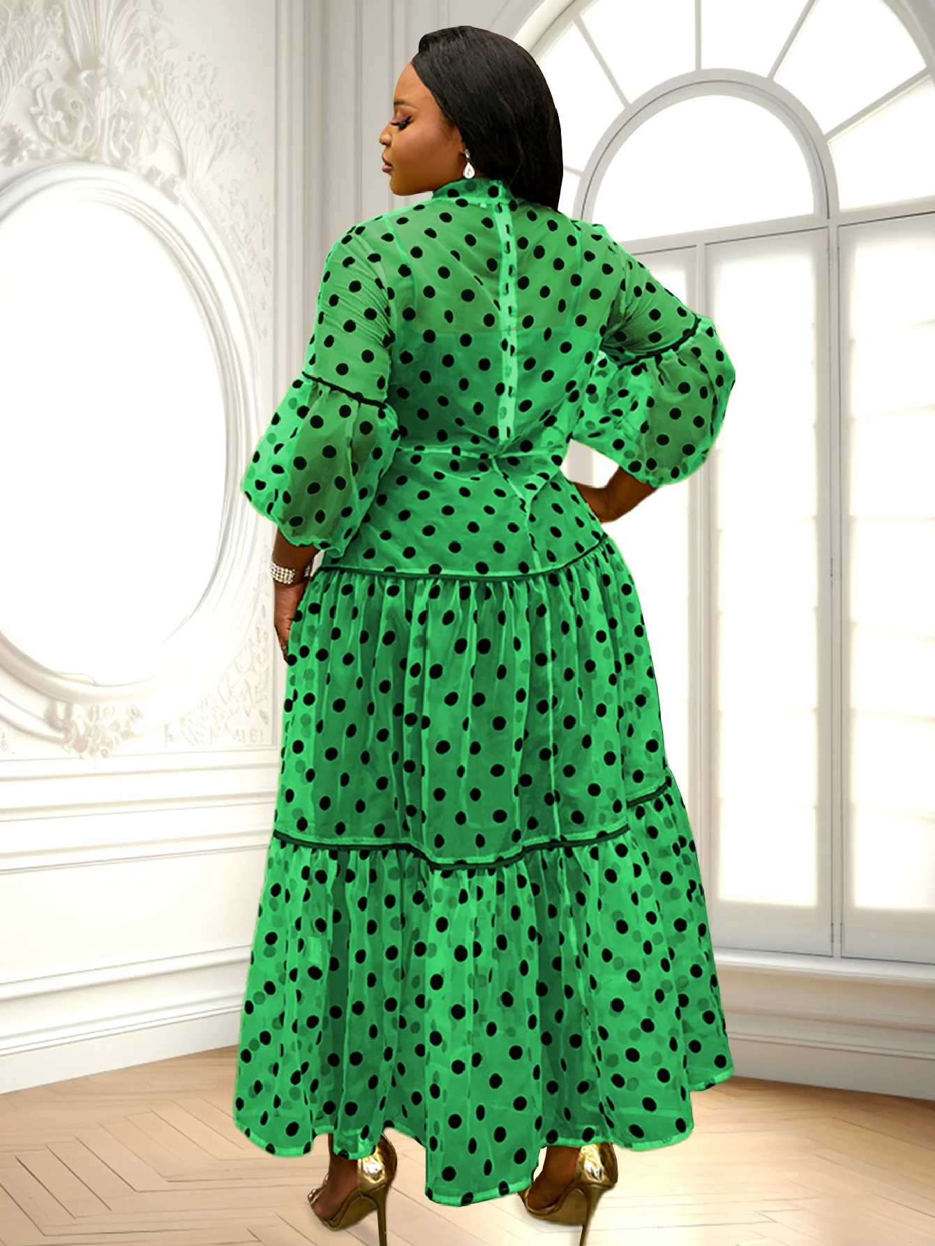 Элегантное женское длинное тюлевое свободное платье в горошек с бантом и пышными