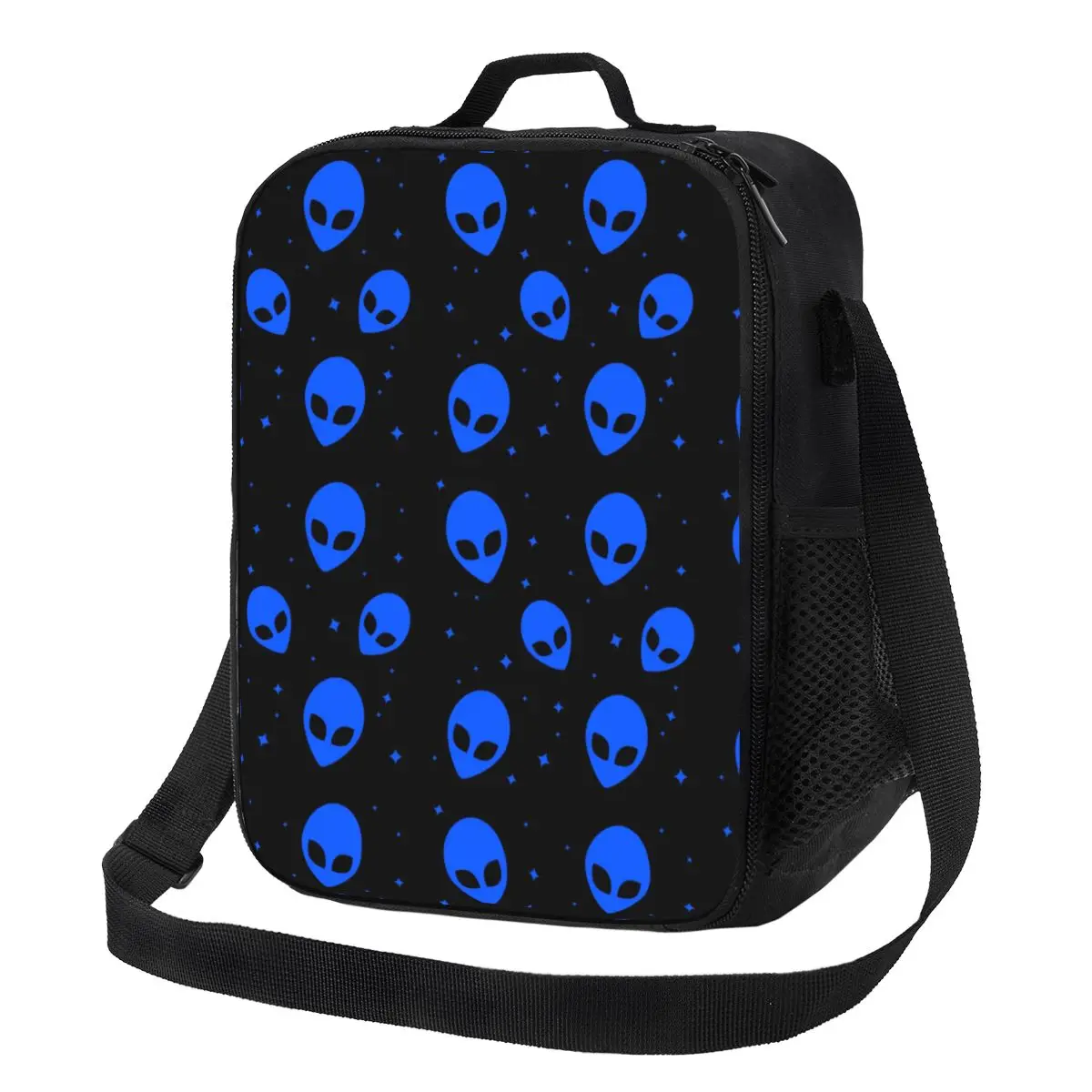 

Blue Black Sci Fi Alien Pattern Thermal Insulated Lunch Bag Women Portable Lunch Tote for School Multifunction Bento Food Box
