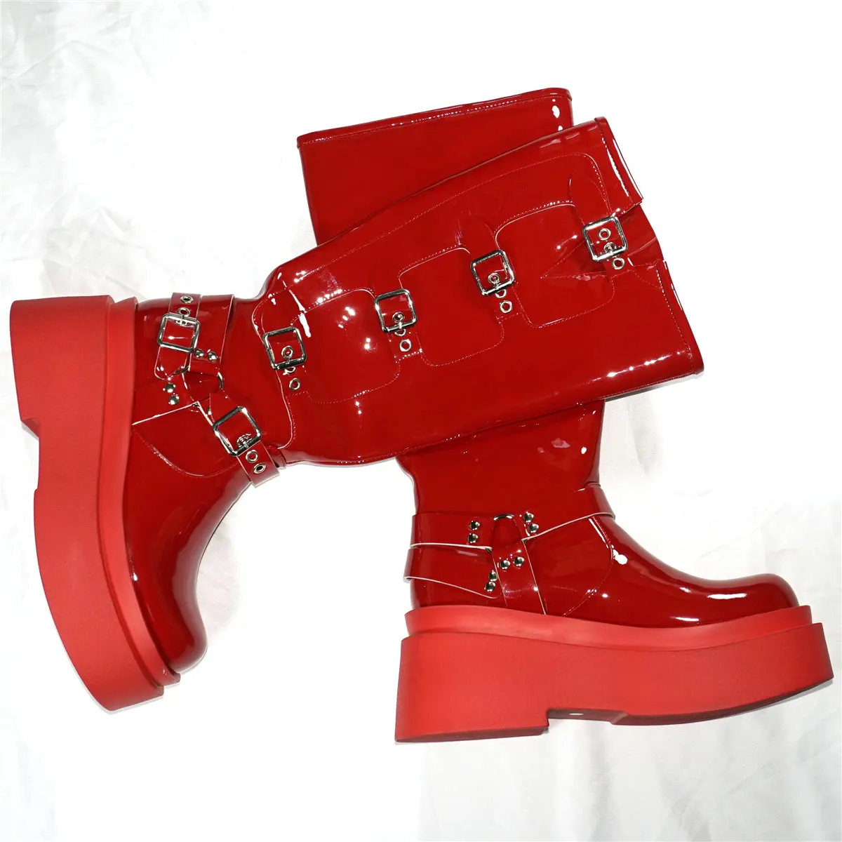 Winter Fashion Sneakers Women Red Patent Leather Wedges Knee High Boots Female Round Toe Thigh High Platform Pumps Casual Shoes