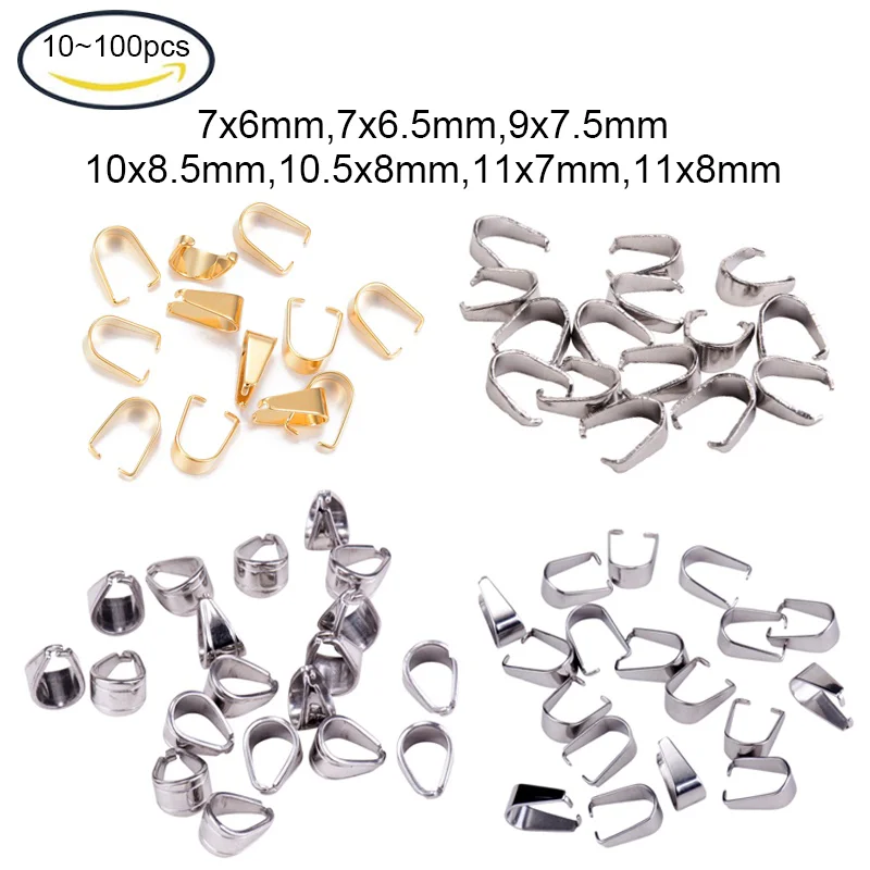 

10~100pcs 7~11x6.5~8.5mm 304 Stainless Steel Pinch Bails Charm Pendant Holders Stainless Steel/Golden Color for Jewelry Findings