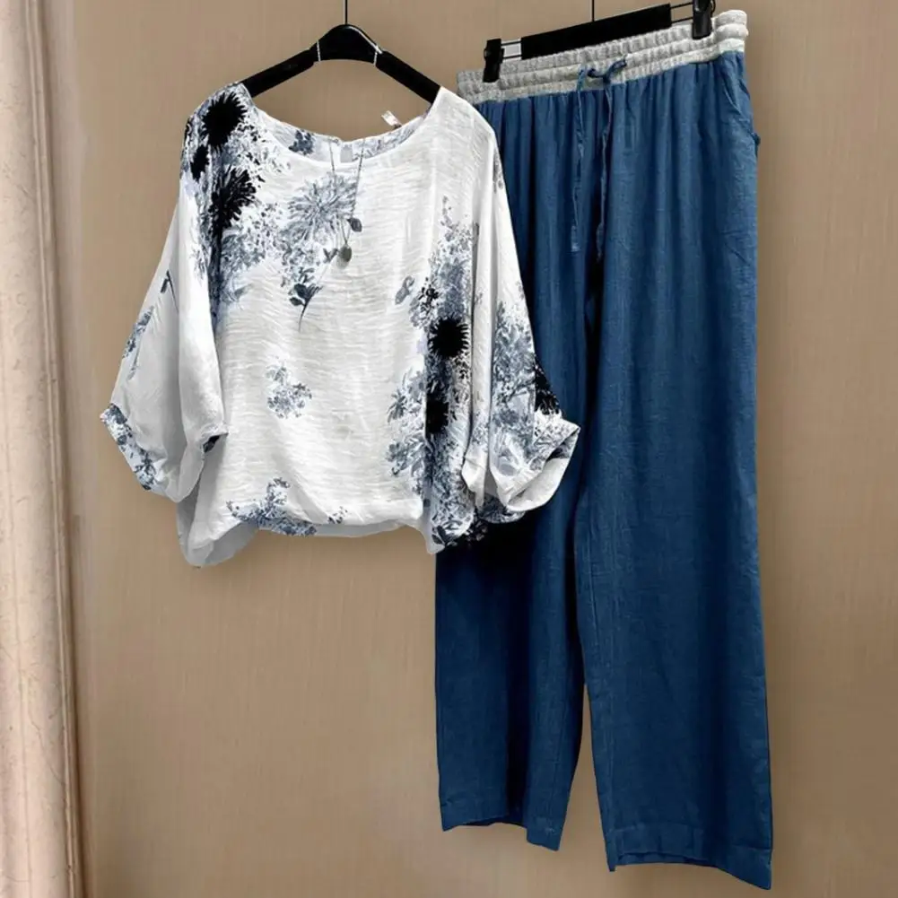 

2Pcs/Set Women Outfit Round Neck Long Sleeve Classical Elegant Two Piece Wide Leg Pants Casual Outfit for Shopping