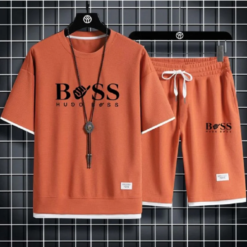 Summer Two Piece Waffle Casual T-shirt and Shorts Loose Fit Sports Set Fashion Short Sleeve Sports Set