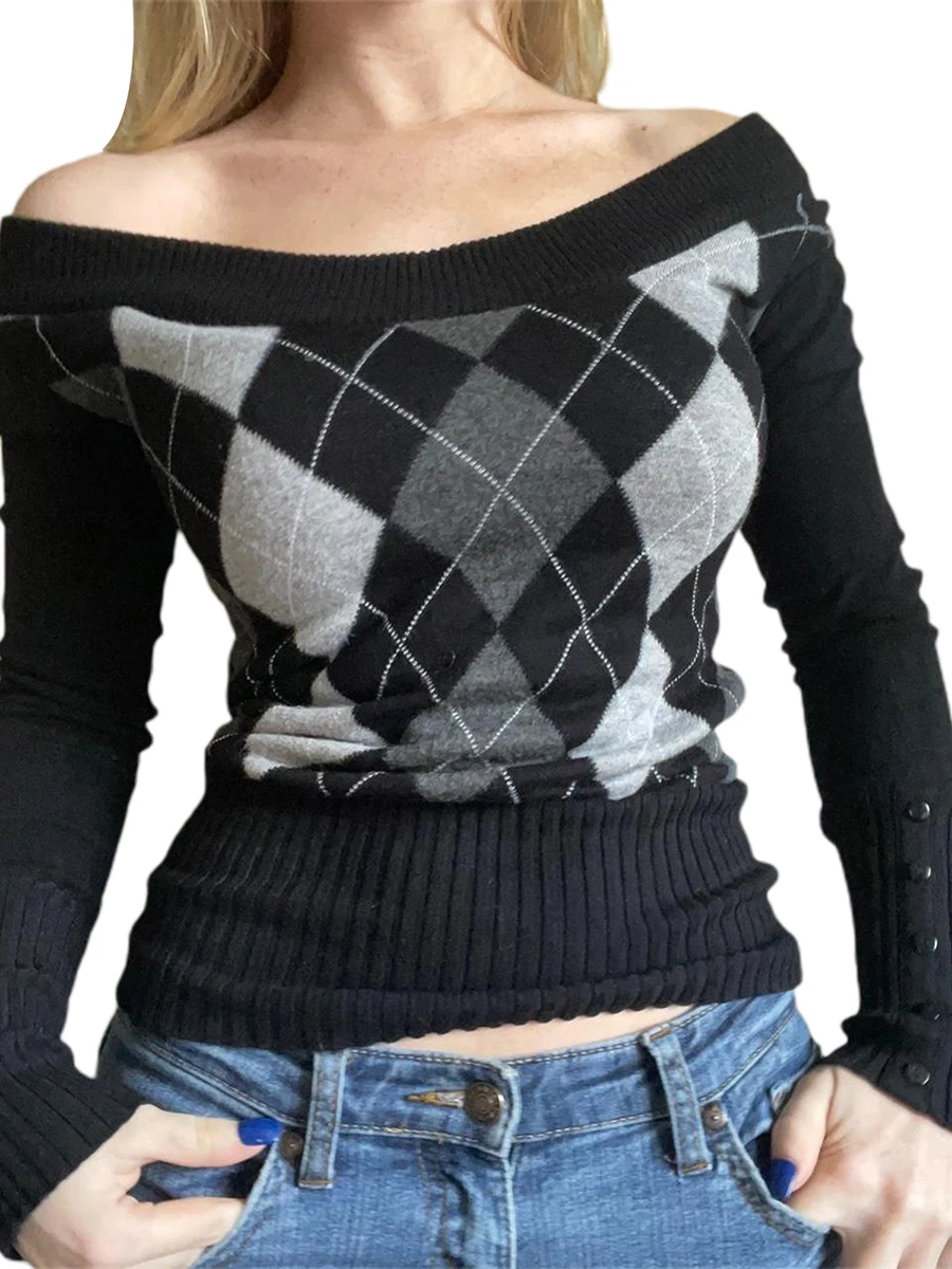 

Женские повседневные облегающие вязаные топы с длинным рукавом, клетчатый свитер в клетку с открытыми плечами, модные пуловеры на осень и з...