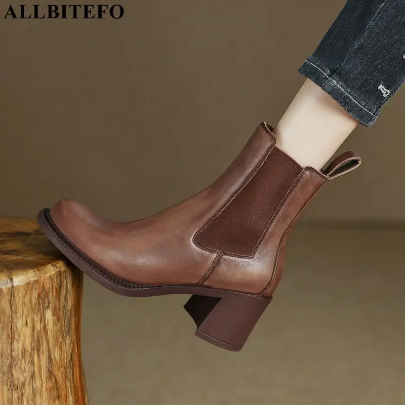 

Size 34-41 Round Toe Soft Genuine Leather Women Boots Elastic Band Comfortable Fashion Autumn Winter High Heel Ankle Boots Shoes