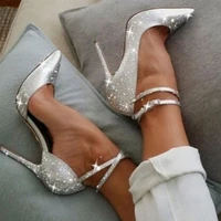 sexy wedding party women shoes 2022 summer spring silver ankle strap pointed toe high heels shiny blink womens pumps shoes