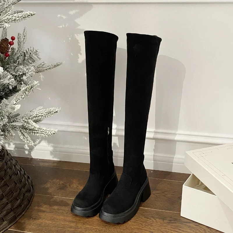 

Cow Suede Over-the-Knee Modern Boots for Women 2024New Hot Sale Winter High Heel Rubber Ladies Shoes Short Plush Round Toe Boots