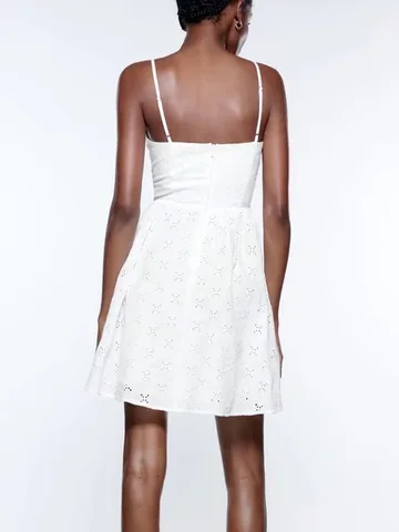 Zach AiIsa Summer New Women's White Sexy Vintage Fashion Deep V Neck Spaghetti Straps Slim Hollow Embroidered Mini Dress