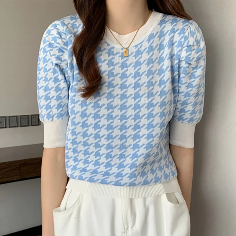 

Summer Plaid Tee Shirt Femme Knitted T Shirt Women Tshirts Puff Sleeve Crop Tops Korean Style Woman Clothes Camisetas Feminina