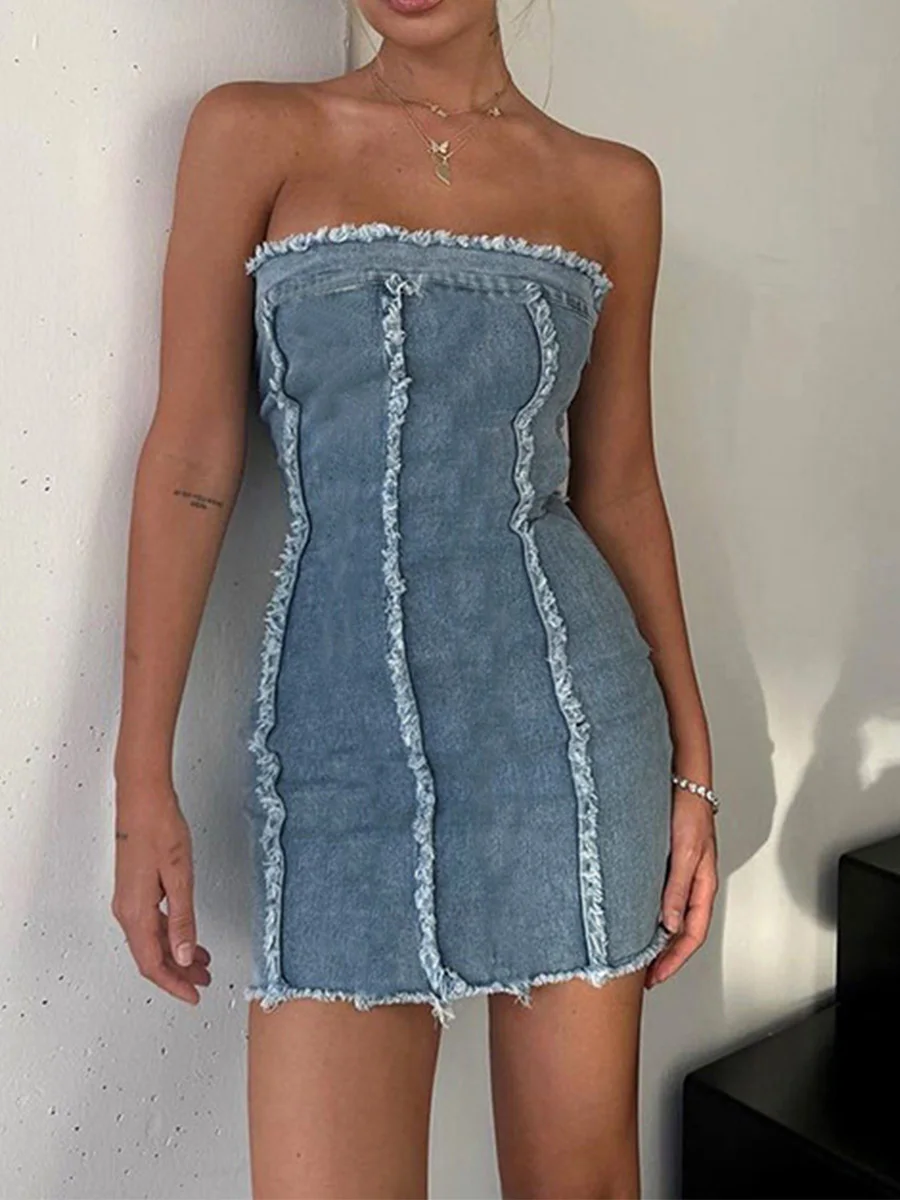 

Женское джинсовое мини-платье Y2k, без бретелек, с открытыми плечами, бандо, платье-футляр с открытой спиной, облегающее сексуальное короткое платье