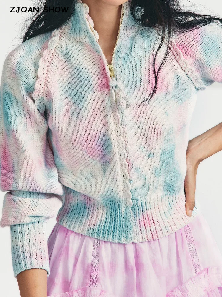 

2022 Vintage Stand Collar Gradient Colored Zipper Cardigan Women Knitted Raglan Full Sleeve Crop Sweater Short Jumper Knitwear