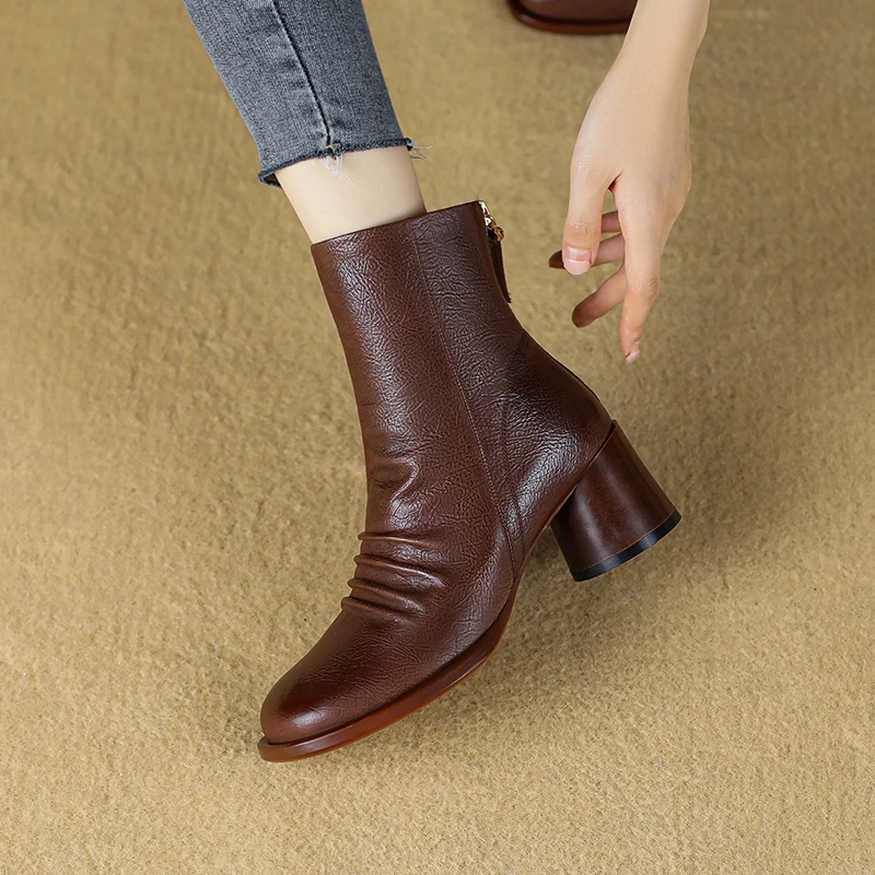 

Женские ботильоны из натуральной кожи 22-24,5 см, современные ботинки из вощеной воловьей кожи, Ретро стиль, винтажные короткие ботинки на молн...