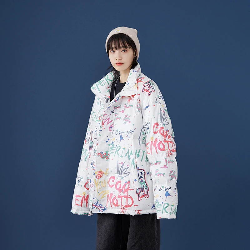 Colorful Letter Graffiti Puffer Jacket for Women Korean Fashion Trends Couples Clothing Teenage Oversized Winter Coat Streetwear