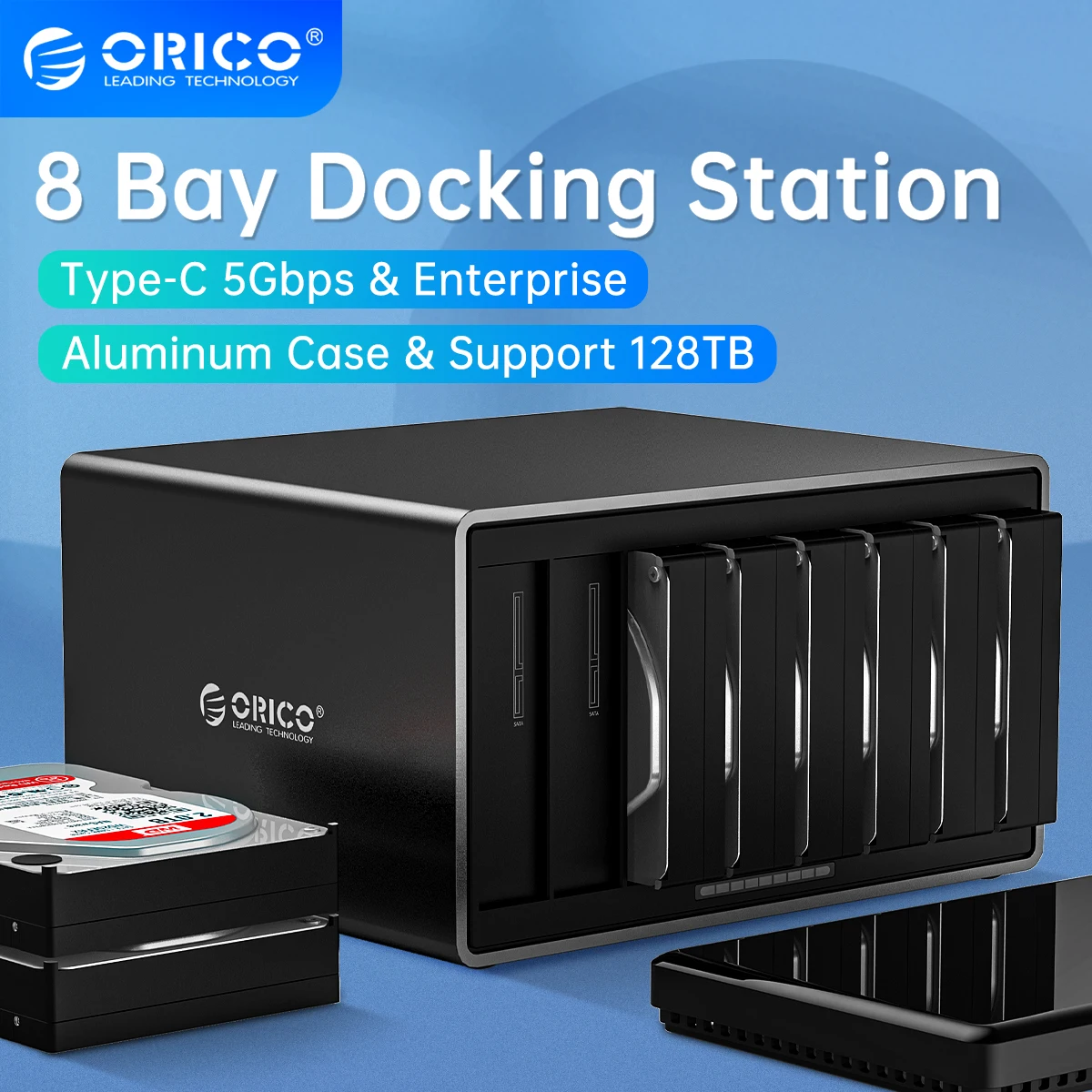 ORICO NS Series 3.5'' 8 Bay Type-C HDD Enclosure SATA to USB 3.1 HDD Docking Station Support 128TB 5Gbps UASP HDD Case