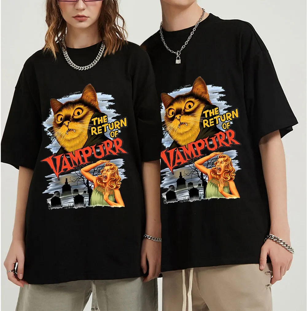 

Men Women T-Shirts Cat The Return of Vampurr Cotton Plus Size Tee Shirt Short Sleeve Horror Halloween Oversized T Shirt Clothing