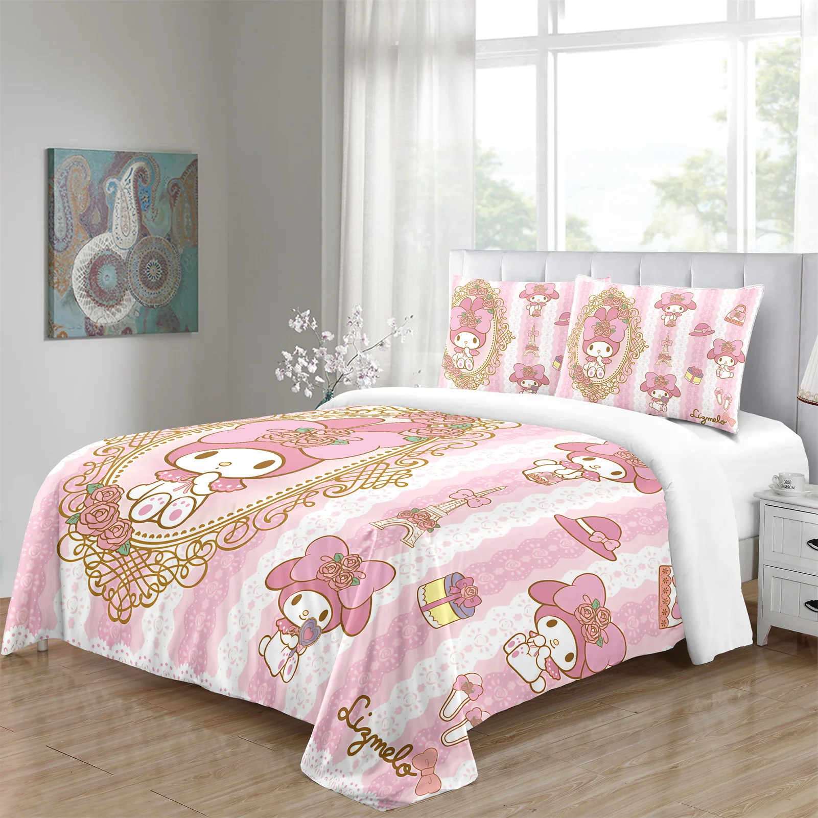 

Комплект постельного белья из 3 предметов, милый мультяшный розовый Детский Комплект постельного белья из полиэстера с рисунком аниме, с пододеяльником и 2 наволочками