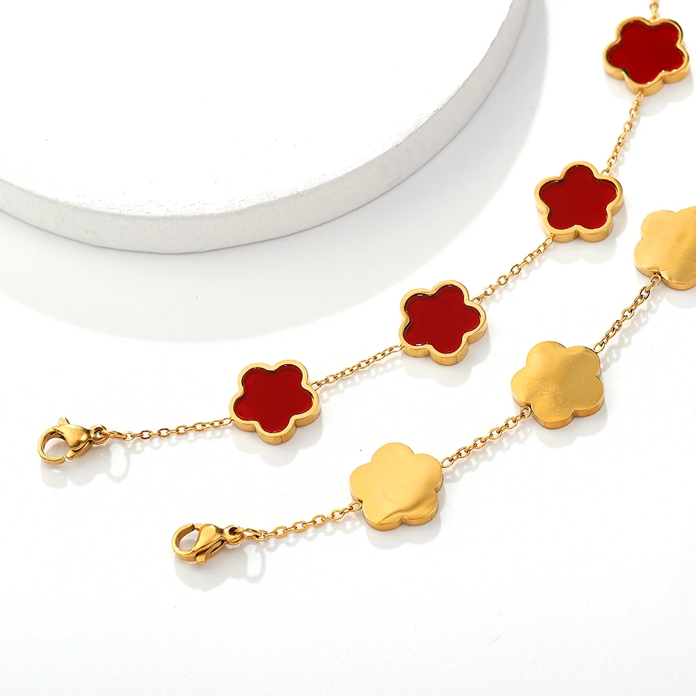 Trendy Colorful Shell 5 Flowers Charm Bracelet for Women Stainless Steel Chain Gold Plated No Fade Bracelet Five Leaf Jewelry