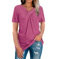 womens v neck short sleeve 2022 summer splicing solid color t shirt cross knot loose casual tops folds design fashion streewear