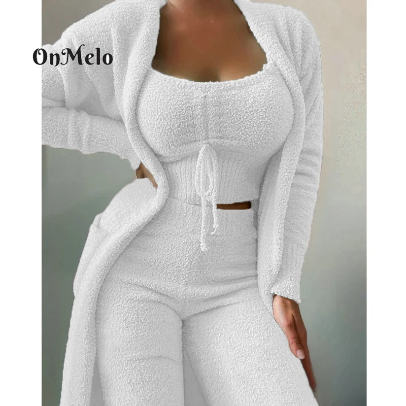 OnMelo Women's Velvet Pajamas Set Autumn Winter Crop Top+Long Pants+Coat 3 Pieces Suit Warm Soft Fleece Homewear New Pyjamas