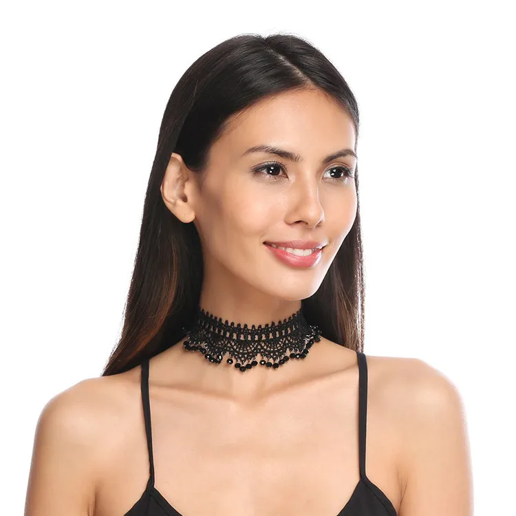 

Vintage Sexy Lace Necklace for Women New Trendy Goth Crystal Bead Cropped Black Collarbone Chokers Chain Punk Jewelry Party Gift