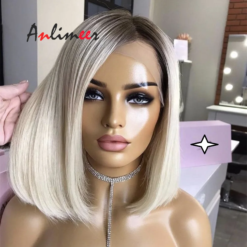 

Ash Blonde Wig Ombre Wig Short Bob Wig Human Hair Ombre Ash Blonde Short Human Hair Wigs Silk Base Wig Left Side Part for Women