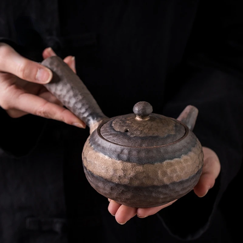 Rough Pottery Hammer Pattern Side Handle Teapot Retro Kung Fu Tea Set Maker Ceramic Household Single Kettle |