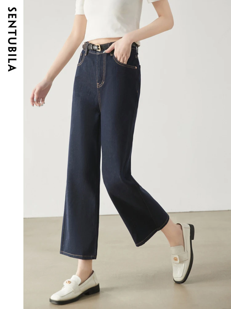 Sentubila High Waist Blue Jeans for Women 2023 Spring Summer Fashion Solid Straight Leg 100%  Cotton Pants Streetwear Trousers