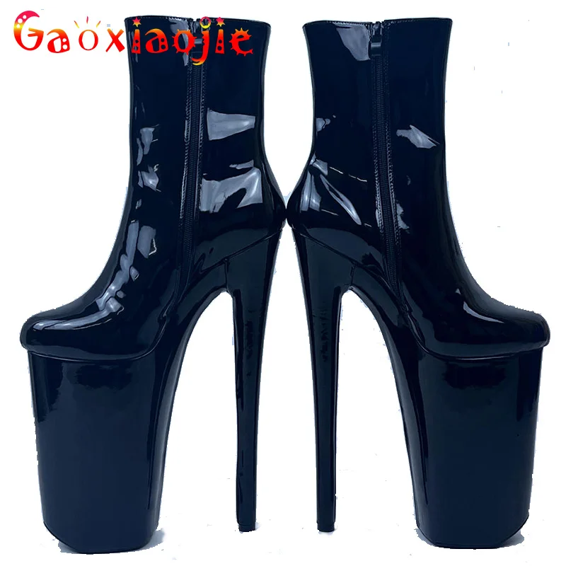

Sexy 26CM Extreme High Heels Side Zip Women Super High Platform Ankle Boots Lace Up Pole Dancing Stripper Shoes Black PU Leather