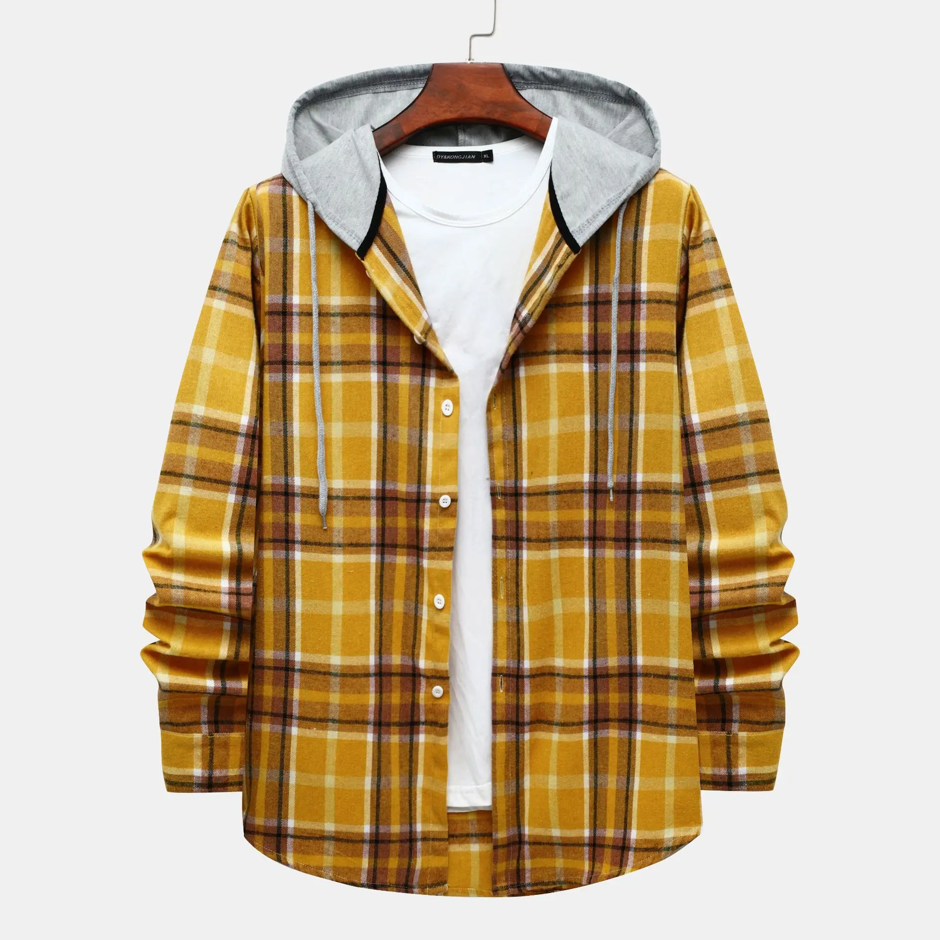 

LUCLESAM Men's Plaid Stitching Hooded Shirt Flannel Lattice Tops Large Size Spring New Fashion Casual checked shirts for men