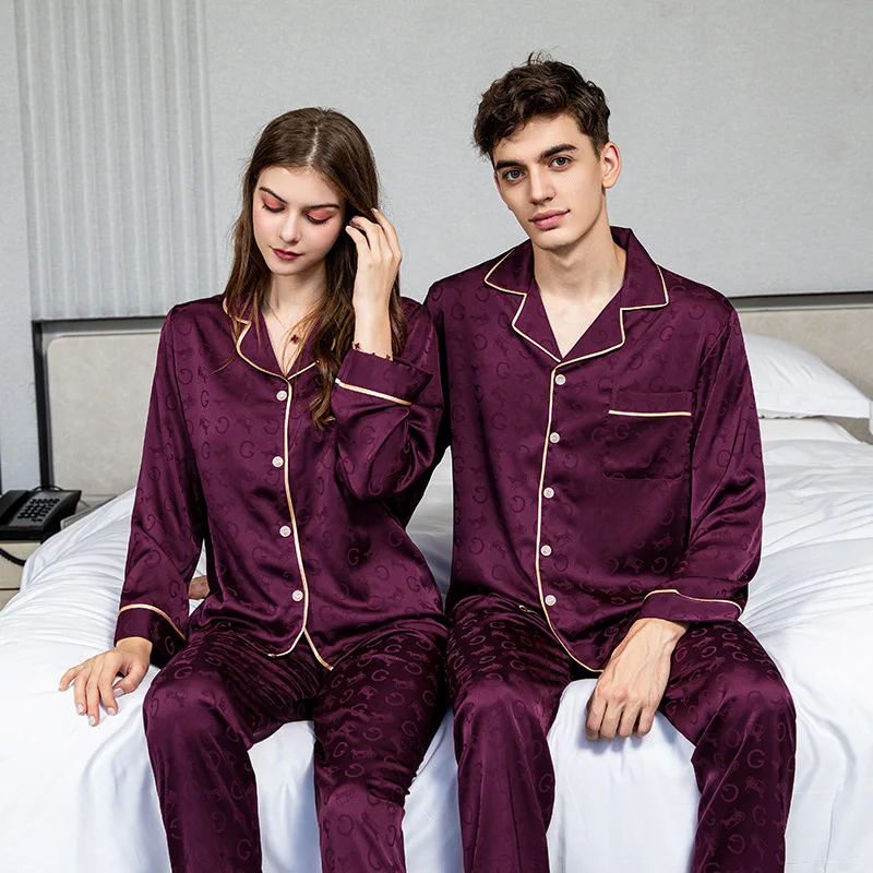 

Jxgarb Long Sleeve Trousers Ice Silk Couple Pajamas Sets Turn Down Collar Letter Printed Autumn Satin Lovers Pyjamas Nighty