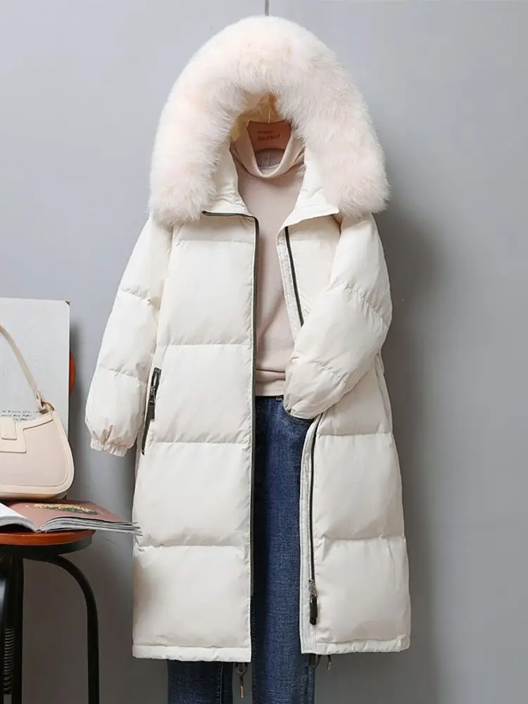 Women Long Down Jacket New Casual Style Fox Fur Collar White Duck Down Jackets Autumn Winter Coats And Parkas Female Outwear