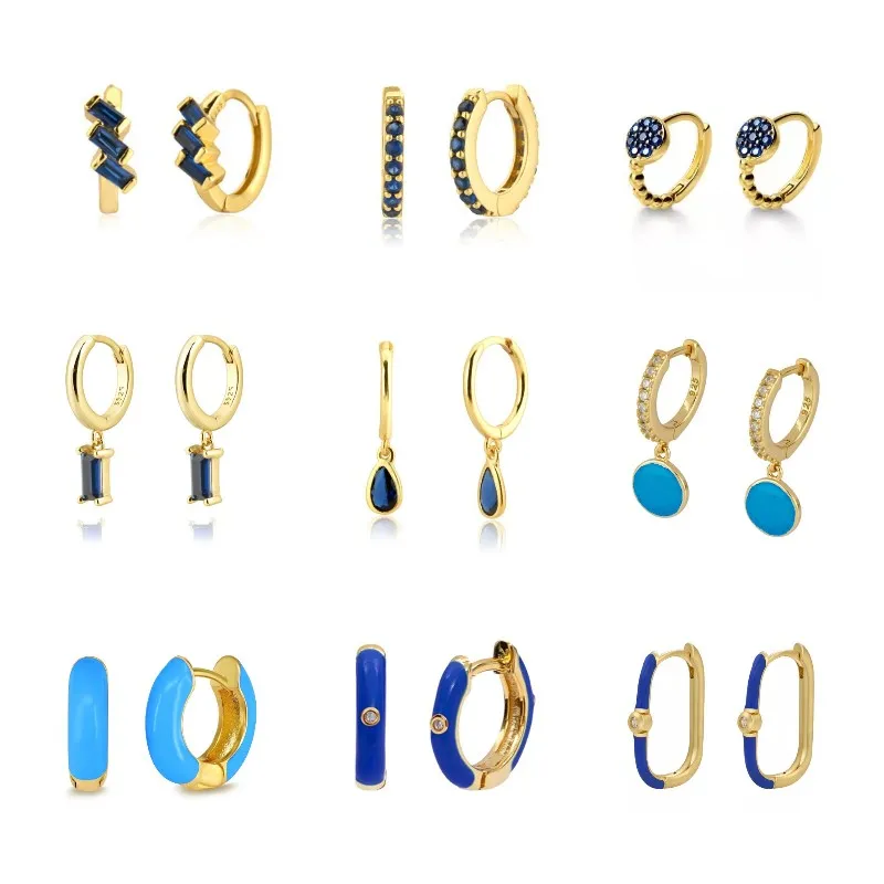 

18K Gold Plated Dark Blue Zircon Enamel Hoop Drop Earring Europen and American Crystal Circle Piercing Jewelry Pendiente
