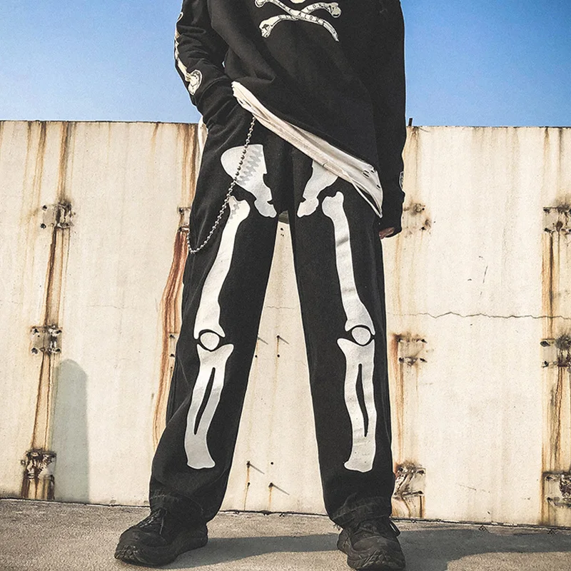 

Men bone print Jeans Skeleton Oversized Black Pants Denim Mens Streetwear Hip Hop Harem Pants High Wasit Denim Pants Overalls
