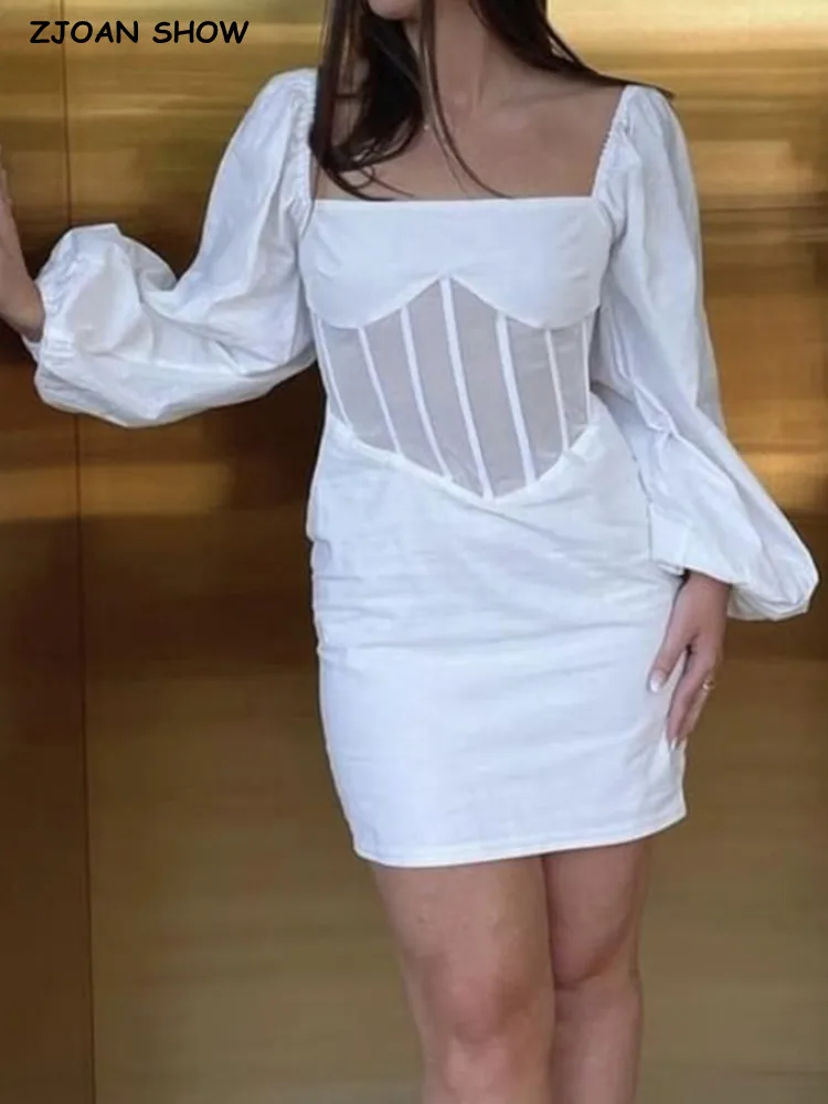 

Женское короткое платье с квадратным вырезом, полупрозрачное однотонное белое вечерние рукавами-фонариками и заниженной талией, модель 2022 ...