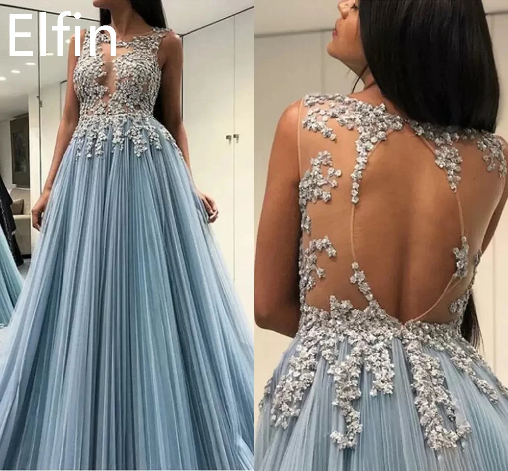 

Элегантные вечерние платья-трапеции Elfin для выпускного вечера с круглым вырезом без рукавов приталенные кружевные вечерние платья для выпу...