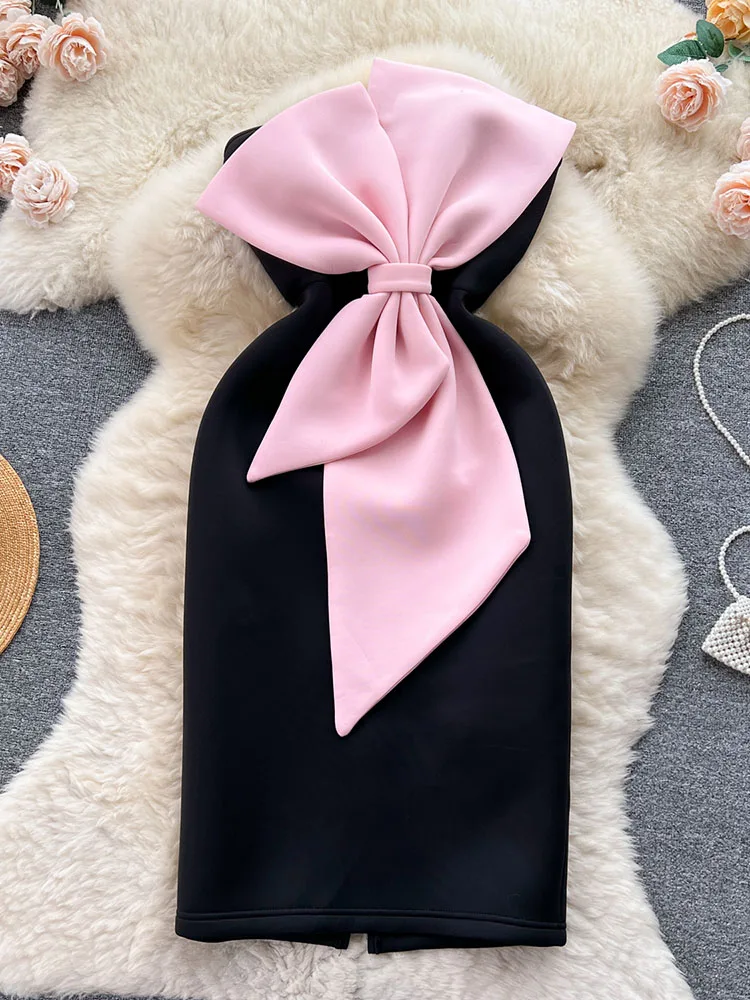 

Women Summer Dress French Haute Couture Bra with A Three-dimensional Bow and Slit Design A Waist Fitting Sleeveless Dress D4538