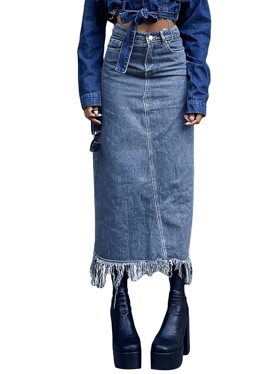 

Women Y2K Denim Midi Skirt High Waist Skinny Split Thigh A-Line Jean Skirt Women Casual Vintage Pencil Long Skirt with Pockets