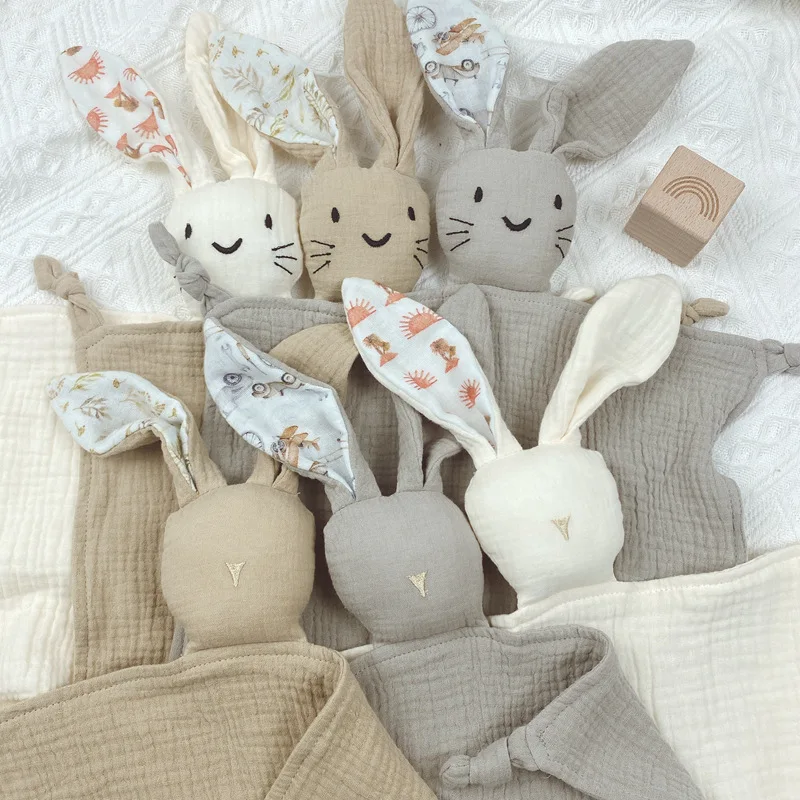 

Cute Baby Rattle Bunny Muslin Towel Newborn Soft Cotton Sleeping Dolls Burp Soothing Cloth Blanket Educational Plush Rabbit