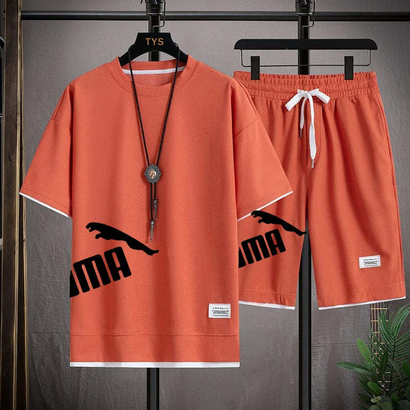 Spring and summer, men's short sleeved T-shirts and shorts, made of waffle material, casual and comfortable, brand new