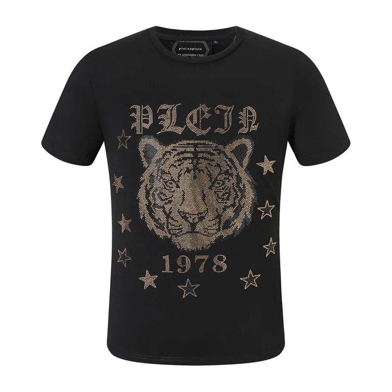 

PLEINXPLEIN Original Mens Summer T-shirts Skulls Brand Mens Tiger Rhinestones Shine Short Sleeve T-Shirt Street Casual Loose Tee