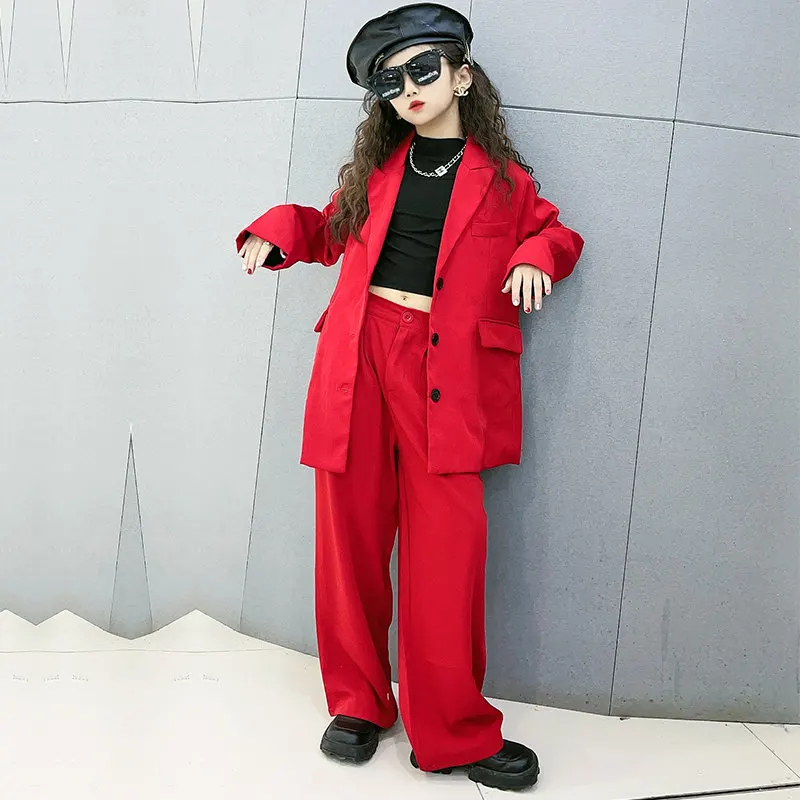 

Осенний костюм для детей 5-14 лет, Блейзер, куртка + брюки, официальная красная свободная одежда для подростков, модные повседневные комплекты для девочек на весну