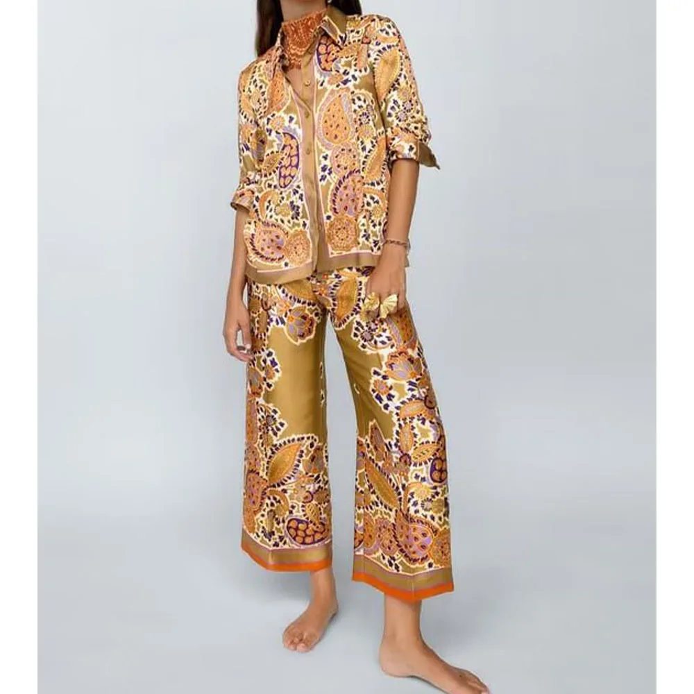 

2022 women's summer new printed drape blouse wide-leg pants suit blue loose lapel long-sleeved top high-waisted pants