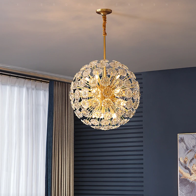 

Copper Round Dandelion Crystal Ceiling Chandeliers Hanging Pendant Lamp Lustre Artistic Flowers Living Room Bedroom Decor Lamps